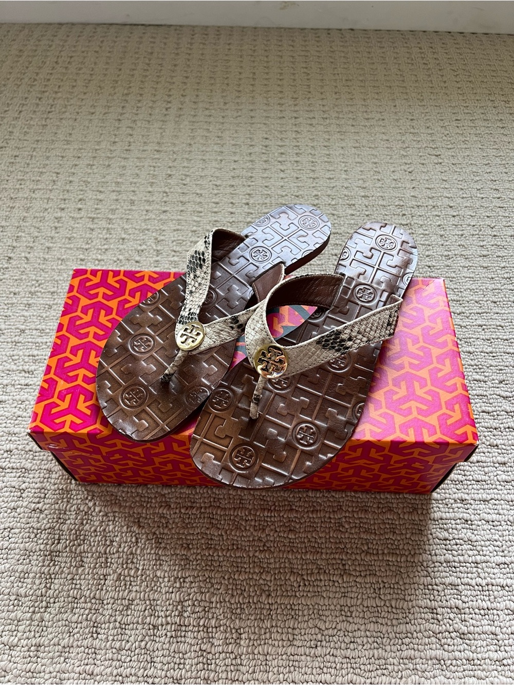 Tory Burch Brown Sandals with Snakeskin Straps and Gold Logo